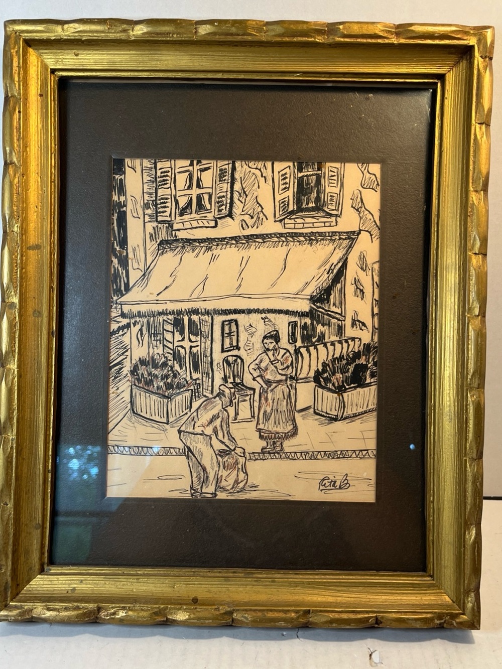 Black Ink Street Scene Sketch in Gold Frame